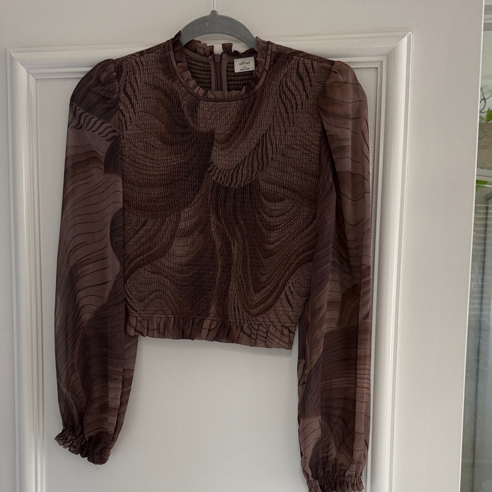 Wilfred Brown Sheer Patterned Smocked Crop Blouse